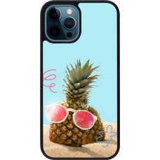 Coque iPhone 12 / 12 Pro - Silicone rigide noir Pineapple with glasses Summer 2026