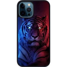 Coque iPhone 12 / 12 Pro - Silicone rigide noir Tiger Blue Red