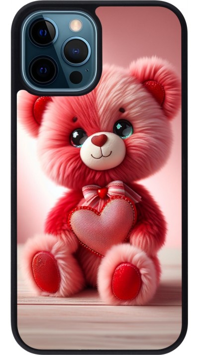 Coque iPhone 12 / 12 Pro - Silicone rigide noir Valentine 2024 Ourson rose