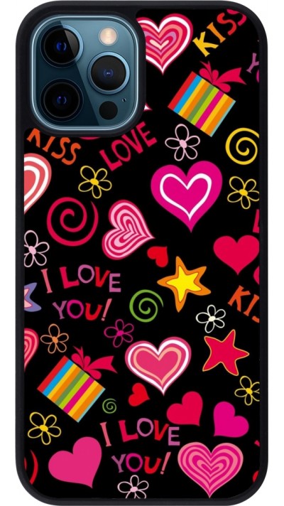 Coque iPhone 12 / 12 Pro - Silicone rigide noir Valentine 2023 love symbols