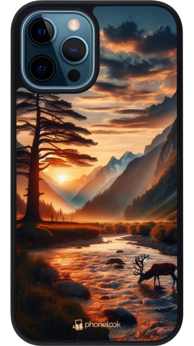 Coque iPhone 12 / 12 Pro - Silicone rigide noir Valley Sunset Deer Tree