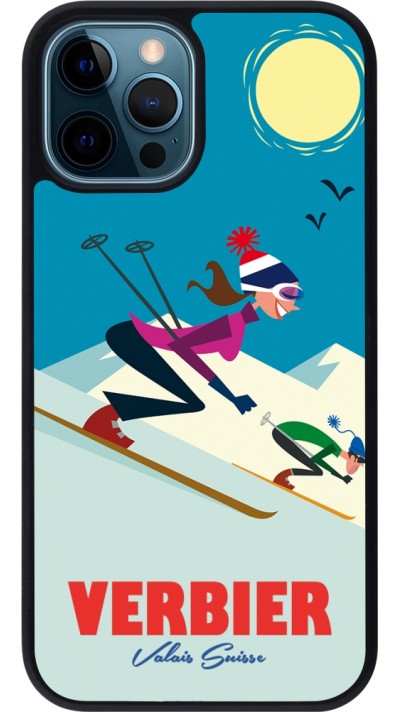 Coque iPhone 12 / 12 Pro - Silicone rigide noir Verbier Ski Downhill