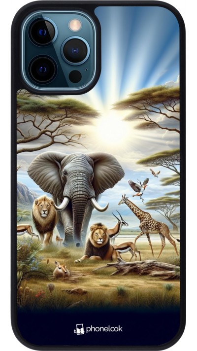 Coque iPhone 12 / 12 Pro - Silicone rigide noir Vie sauvage africaine
