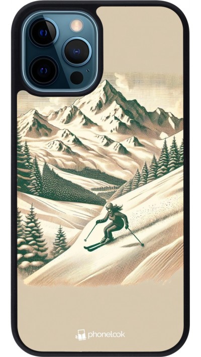 Coque iPhone 12 / 12 Pro - Silicone rigide noir Vintage Ski Mountain