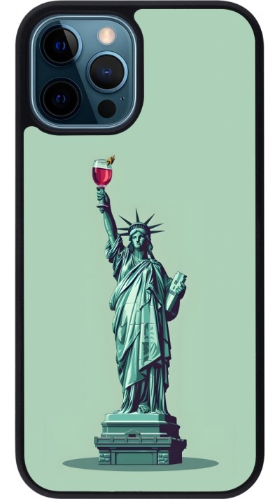 Coque iPhone 12 / 12 Pro - Silicone rigide noir Wine Statue de la liberté avec un verre de vin
