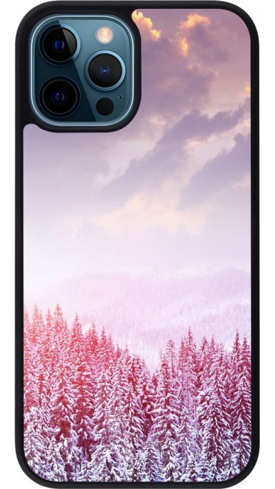 Coque iPhone 12 / 12 Pro - Silicone rigide noir Winter 22 Pink Forest