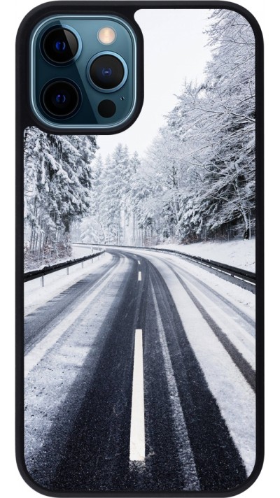Coque iPhone 12 / 12 Pro - Silicone rigide noir Winter 22 Snowy Road