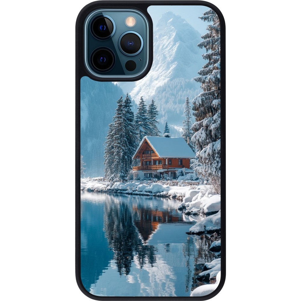 iPhone 12 / 12 Pro Case Hülle - Silikon schwarz Winter 25 Winter house forest day