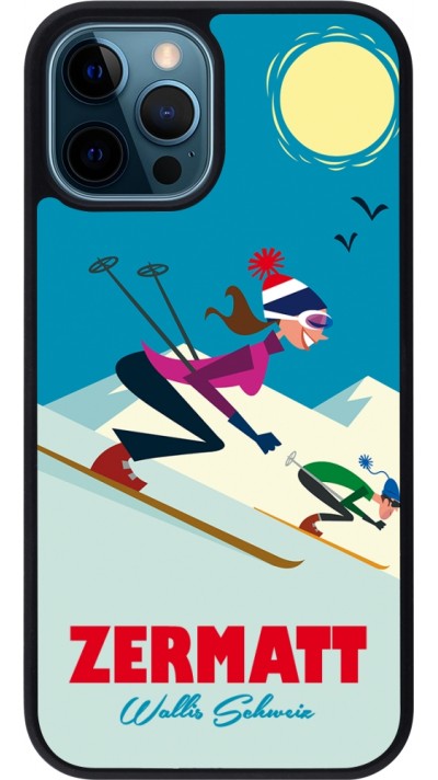 Coque iPhone 12 / 12 Pro - Silicone rigide noir Zermatt Ski Downhill