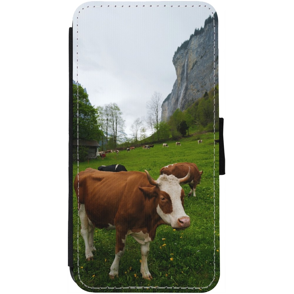 Coque iPhone 12 / 12 Pro - Wallet noir Fête Nationale Suisse Vaches