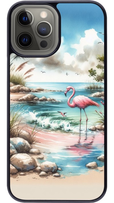 Coque iPhone 12 Pro Max - Flamant rose aquarelle