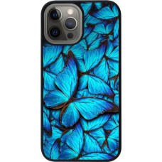 Coque iPhone 12 Pro Max - Silicone rigide noir Papillon - Bleu