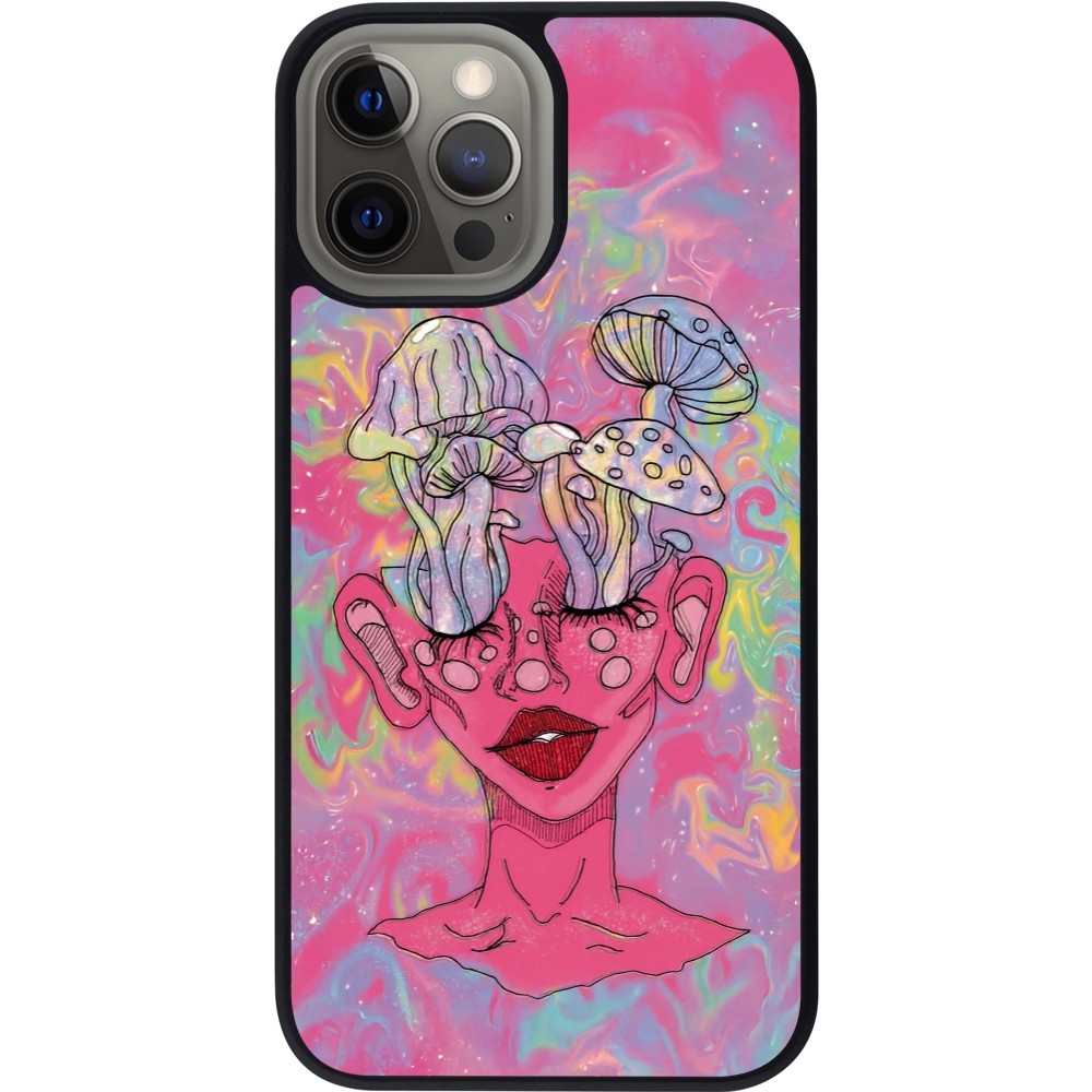 Coque iPhone 12 Pro Max - Silicone rigide noir Psychedelic pink mushroom