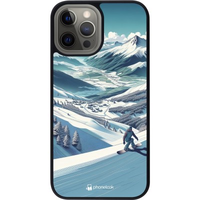 Coque iPhone 12 Pro Max - Silicone rigide noir Snowboarder Montagne