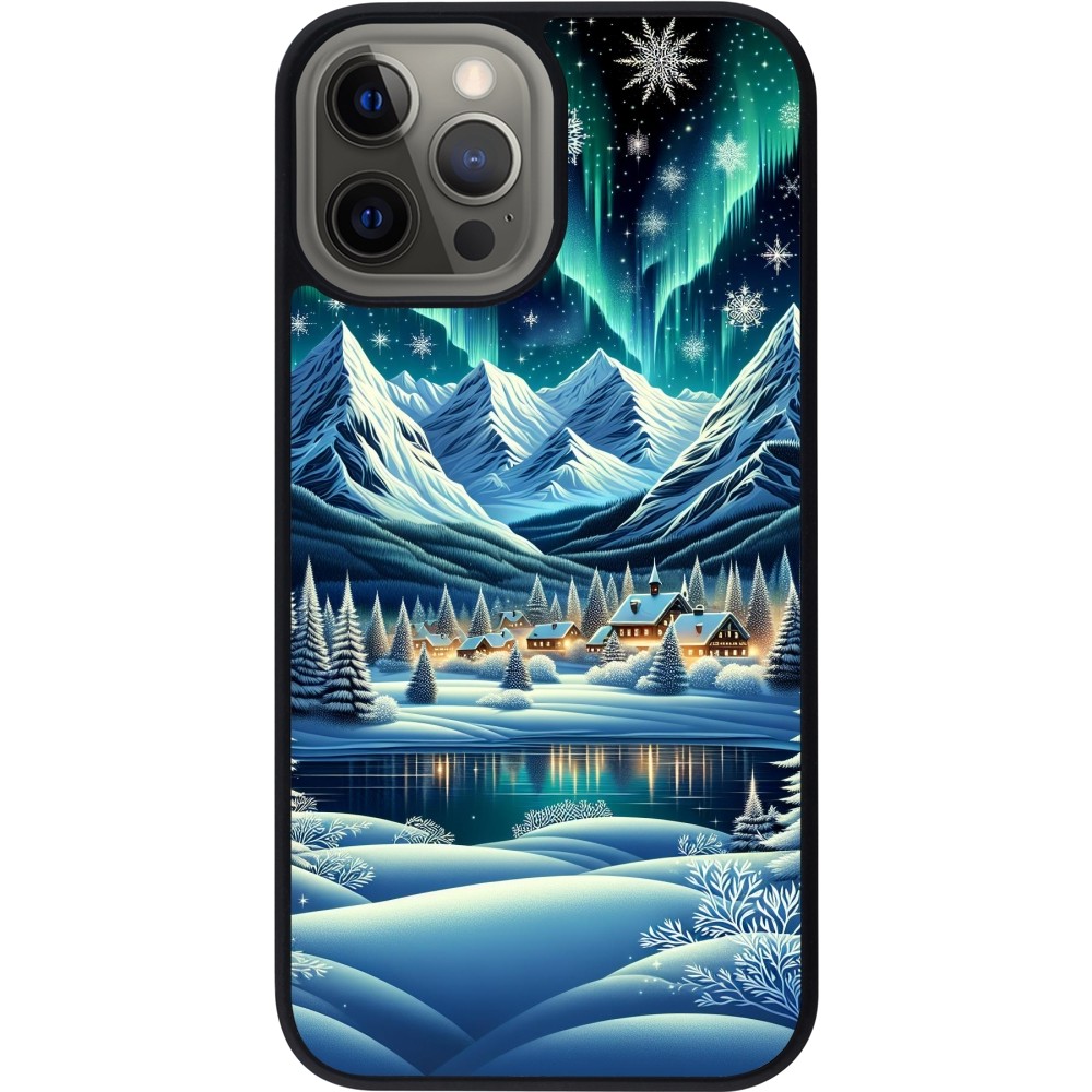 iPhone 12 Pro Max Case Hülle - Silikon schwarz Verschneites Bergdorf am See in der Nacht