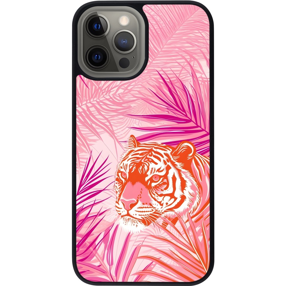 iPhone 12 Pro Max Case Hülle - Silikon schwarz Tiger Palmen rosa