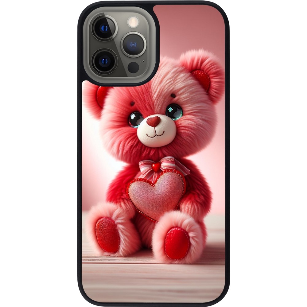 Coque iPhone 12 Pro Max - Silicone rigide noir Valentine 2024 Ourson rose