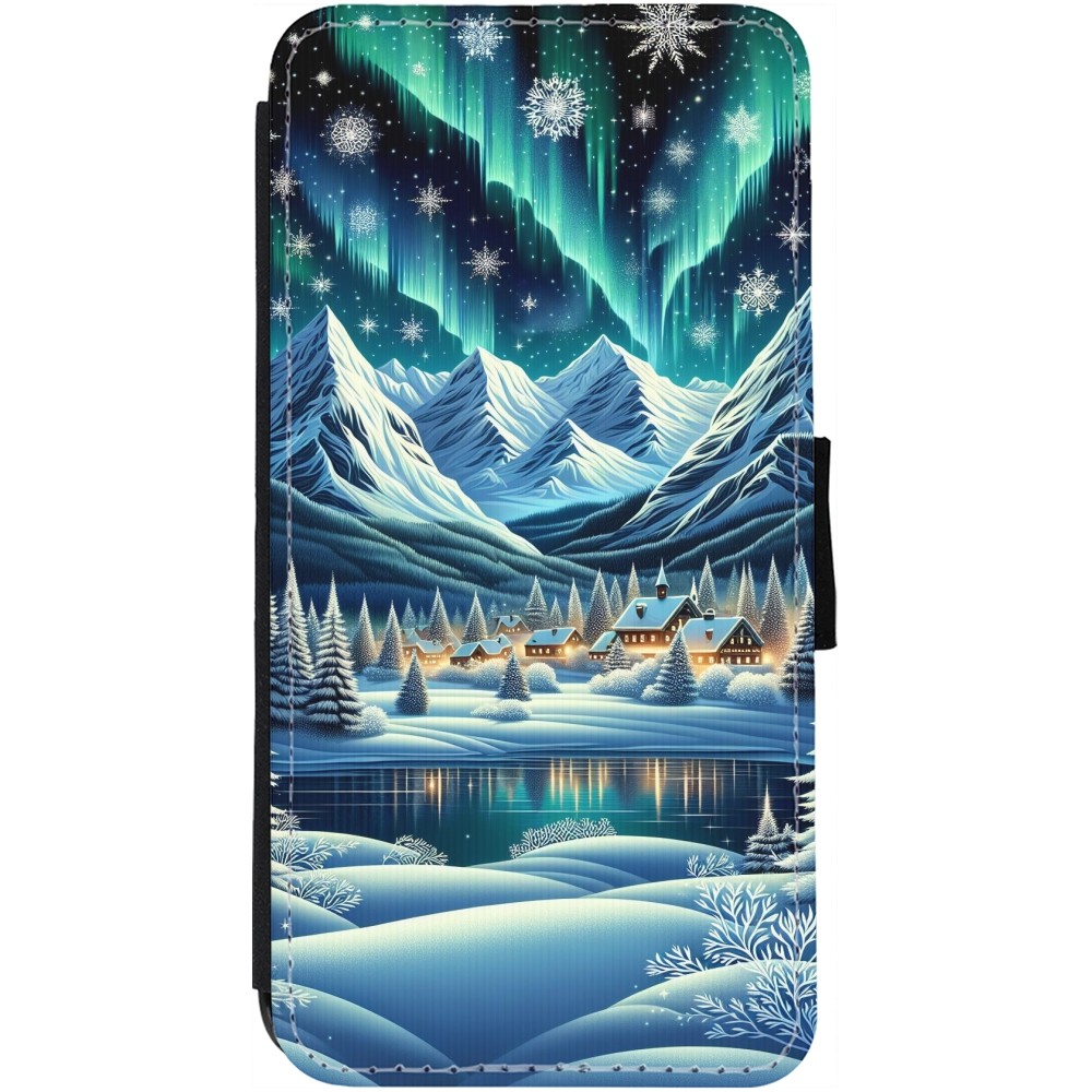 iPhone 12 Pro Max Case Hülle - Wallet schwarz Verschneites Bergdorf am See in der Nacht