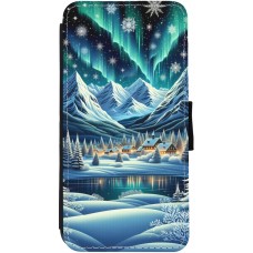 iPhone 12 Pro Max Case Hülle - Wallet schwarz Verschneites Bergdorf am See in der Nacht