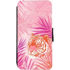 iPhone 12 Pro Max Case Hülle - Wallet schwarz Tiger Palmen rosa