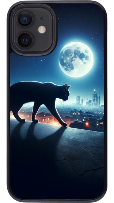 Coque iPhone 12 mini - Chat noir sous la pleine lune