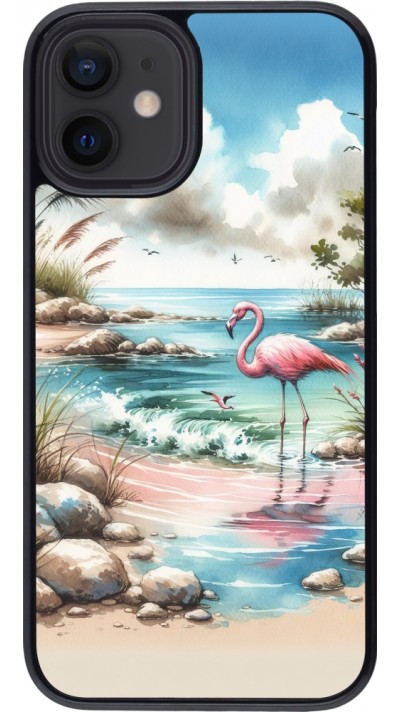 Coque iPhone 12 mini - Flamant rose aquarelle