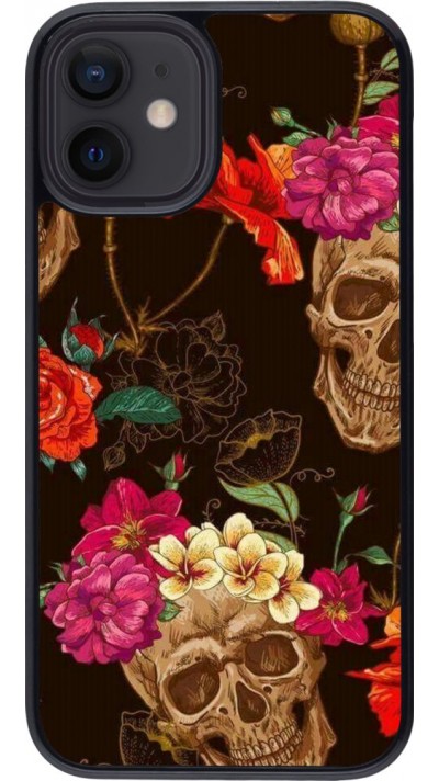 Coque iPhone 12 mini - Skulls and flowers
