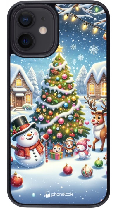 Coque iPhone 12 mini - Noël 2023 bonhomme de neige et sapin