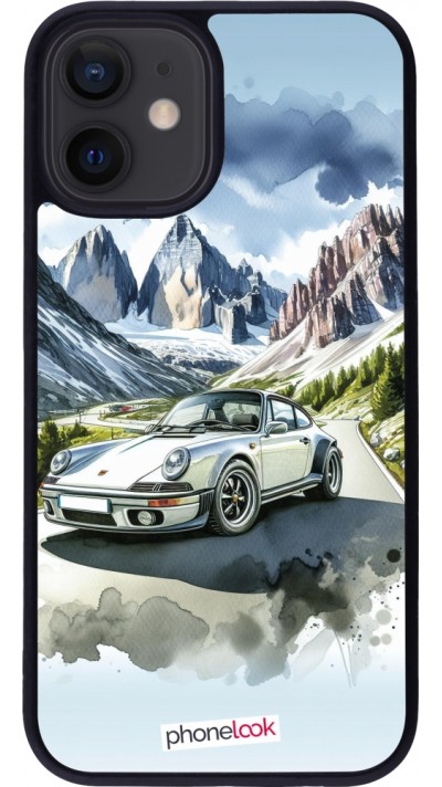 Coque iPhone 12 mini - Silicone rigide noir Porsche 911 Mountain Watercolor