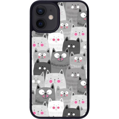 Coque iPhone 12 mini - Silicone rigide noir Chats gris troupeau