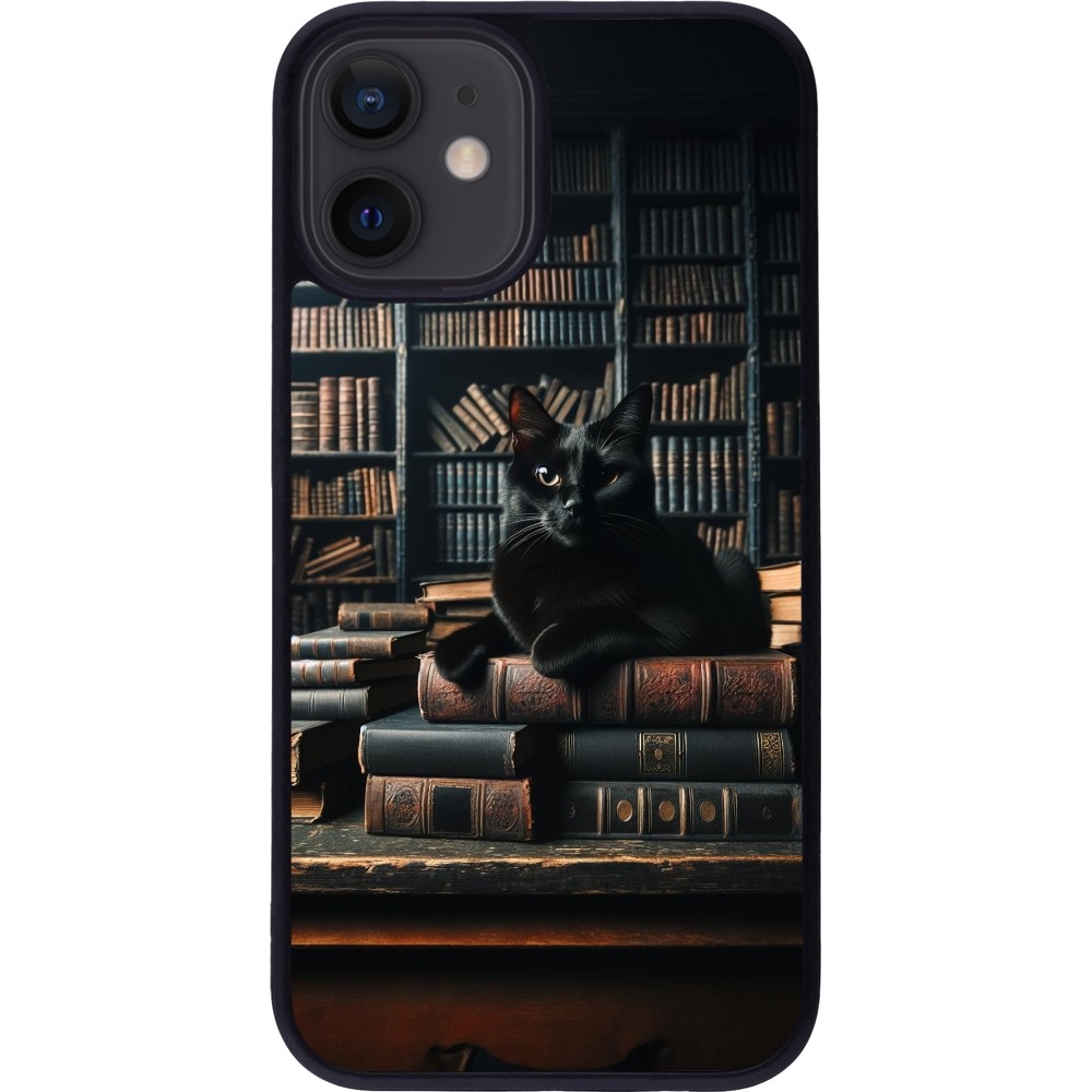 iPhone 12 mini Case Hülle - Silikon schwarz Katze Bücher dunkel