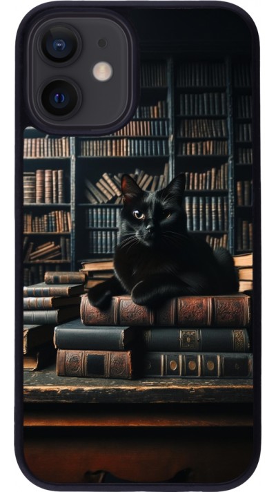 iPhone 12 mini Case Hülle - Silikon schwarz Katze Bücher dunkel