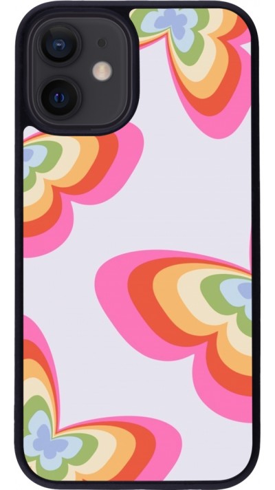 Coque iPhone 12 mini - Silicone rigide noir Easter 2024 rainbow butterflies