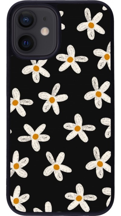 Coque iPhone 12 mini - Silicone rigide noir Easter 2024 white on black flower
