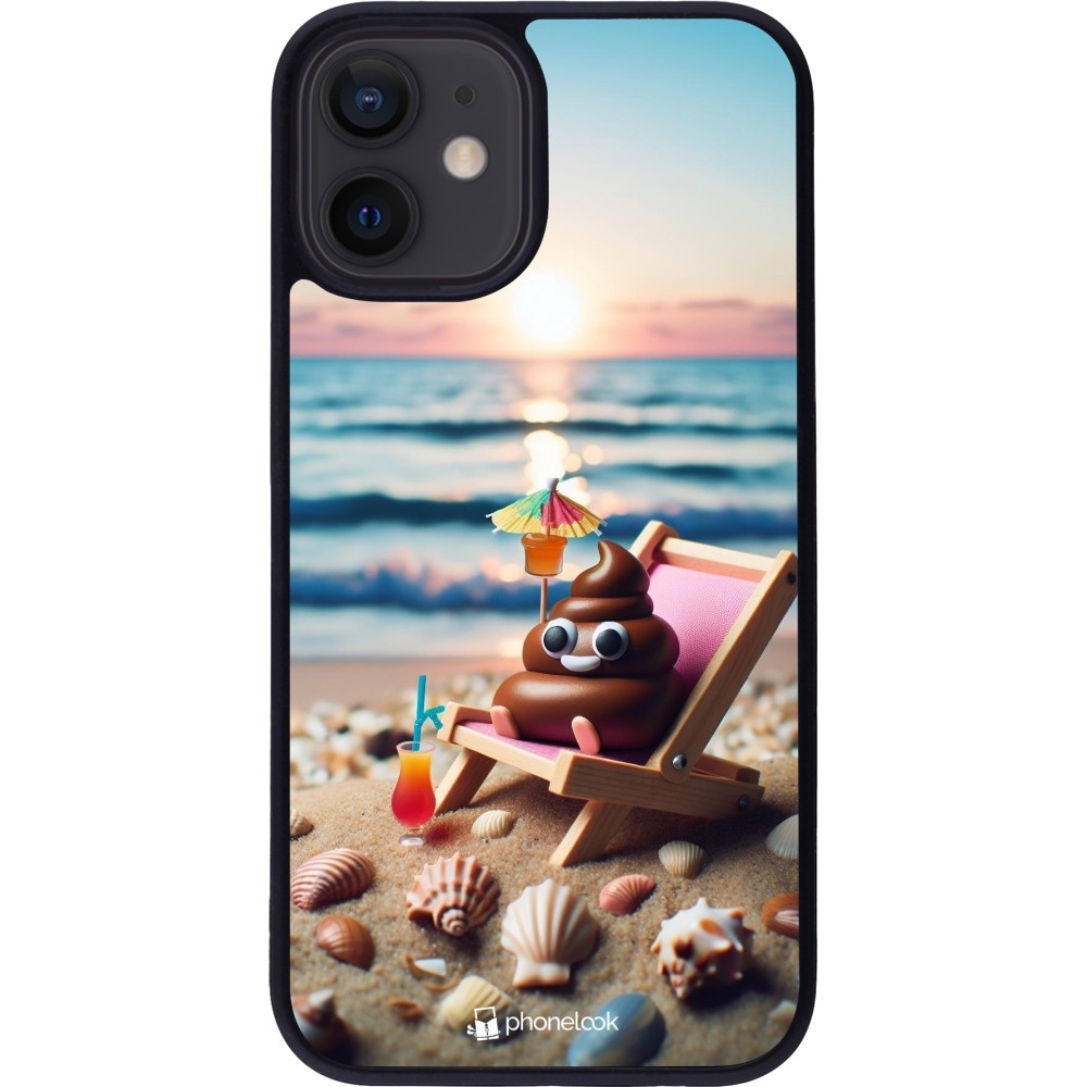 iPhone 12 mini Case Hülle - Silikon schwarz Kackhaufen Emoji auf Liegestuhl