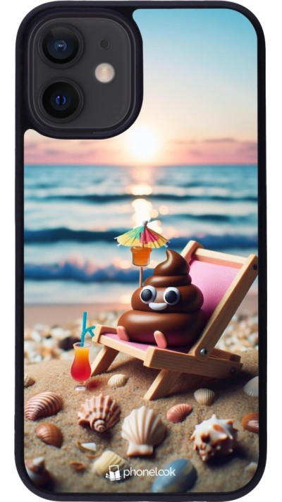 Coque iPhone 12 mini - Silicone rigide noir Emoji caca sur chaise longue