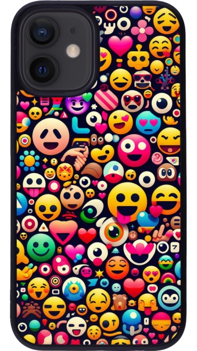 Coque iPhone 12 mini - Silicone rigide noir Emoji Mix Color