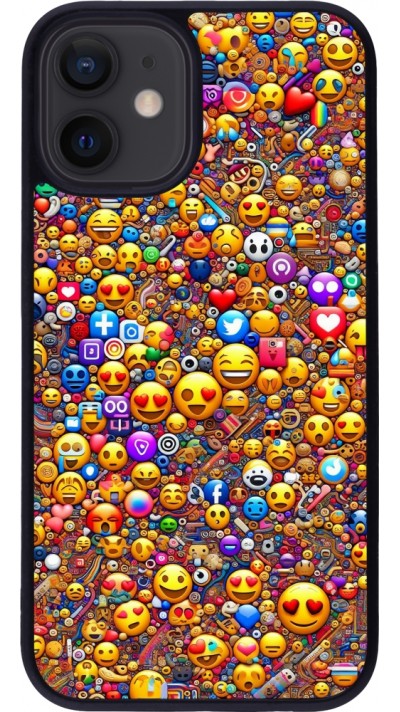 Coque iPhone 12 mini - Silicone rigide noir Emoji mixed