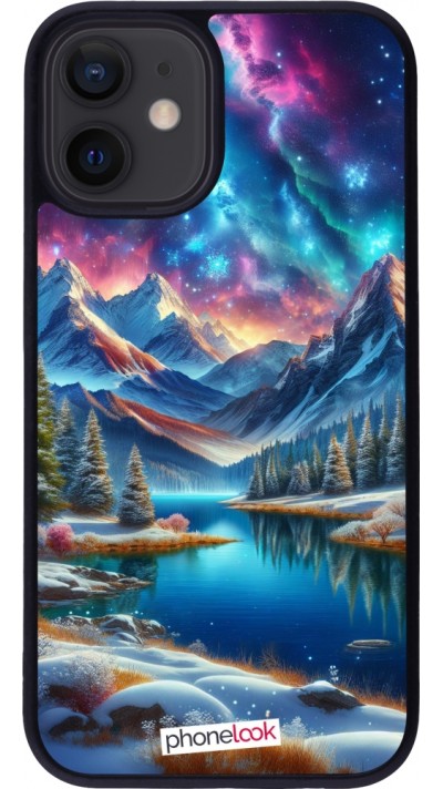 Coque iPhone 12 mini - Silicone rigide noir Fantasy Mountain Lake Sky Stars