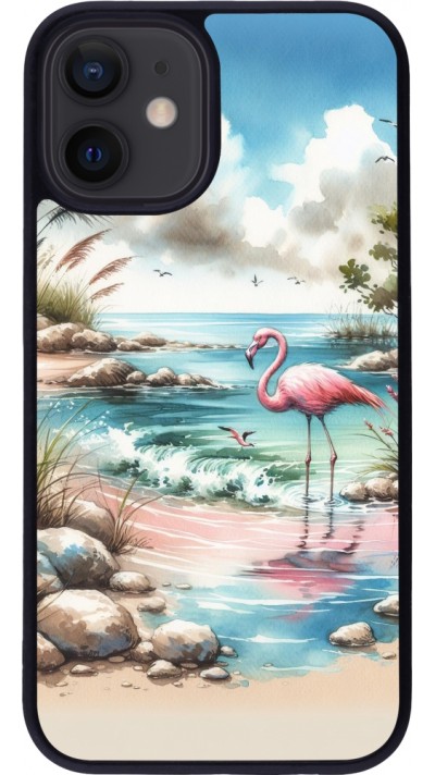 Coque iPhone 12 mini - Silicone rigide noir Flamant rose aquarelle