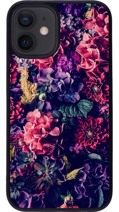 Coque iPhone 12 mini - Silicone rigide noir Flowers Dark