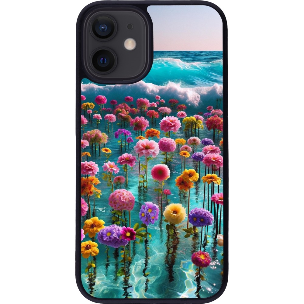 Coque iPhone 12 mini - Silicone rigide noir Flower sea waves
