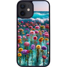 Coque iPhone 12 mini - Silicone rigide noir Flower sea waves