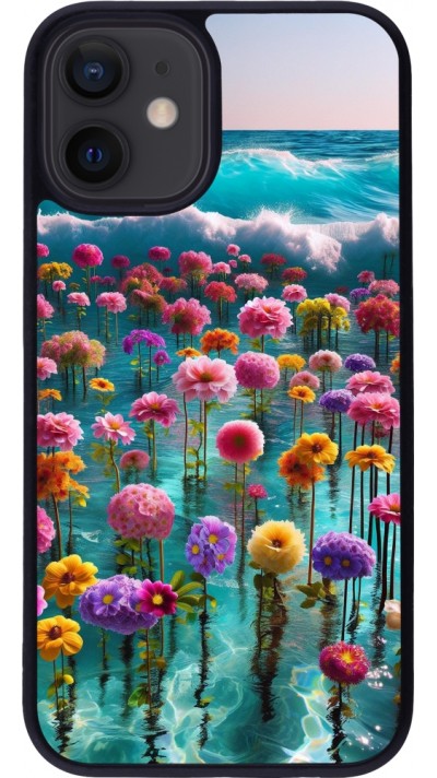 Coque iPhone 12 mini - Silicone rigide noir Flower sea waves