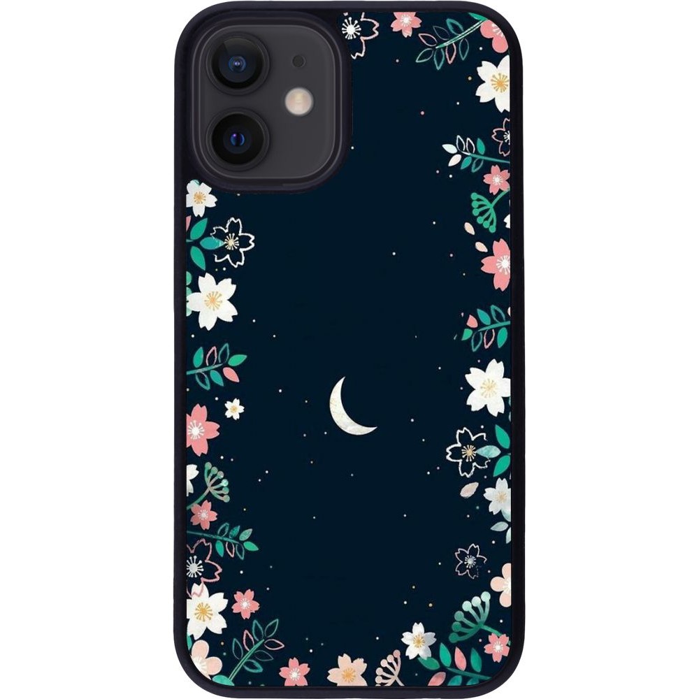 Coque iPhone 12 mini - Silicone rigide noir Flowers space