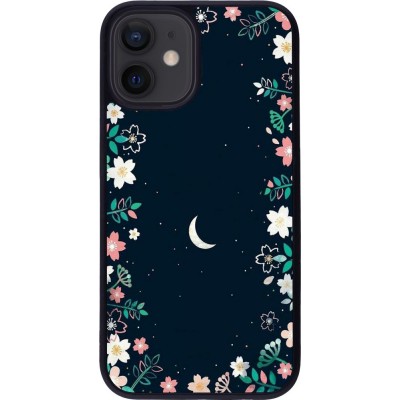 Coque iPhone 12 mini - Silicone rigide noir Flowers space