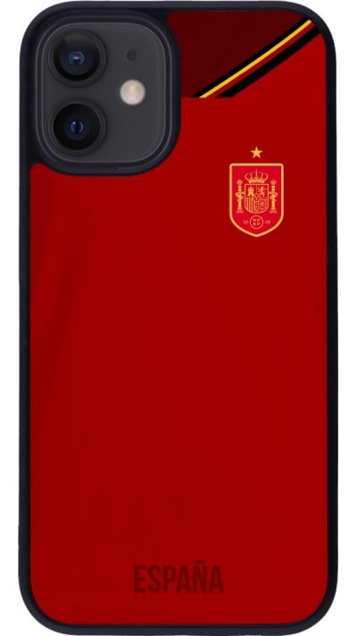 Coque iPhone 12 mini - Silicone rigide noir Maillot de football Espagne 2022 personnalisable