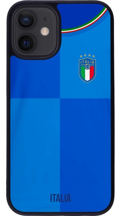 Coque iPhone 12 mini - Silicone rigide noir Maillot de football Italie 2022 personnalisable
