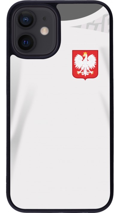 Coque iPhone 12 mini - Silicone rigide noir Maillot de football Pologne 2022 personnalisable