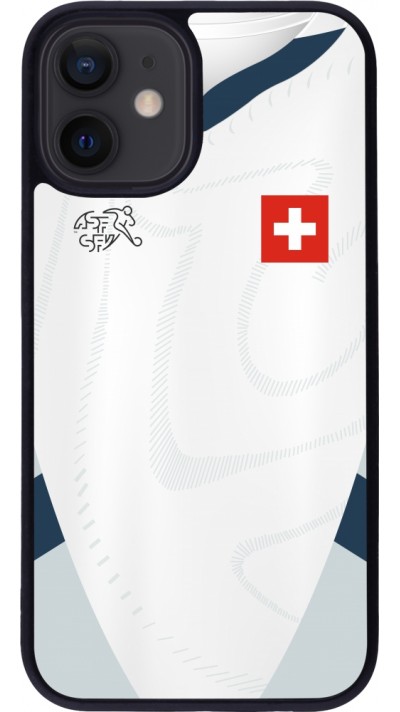Coque iPhone 12 mini - Silicone rigide noir Maillot de football Suisse Extérieur personnalisable